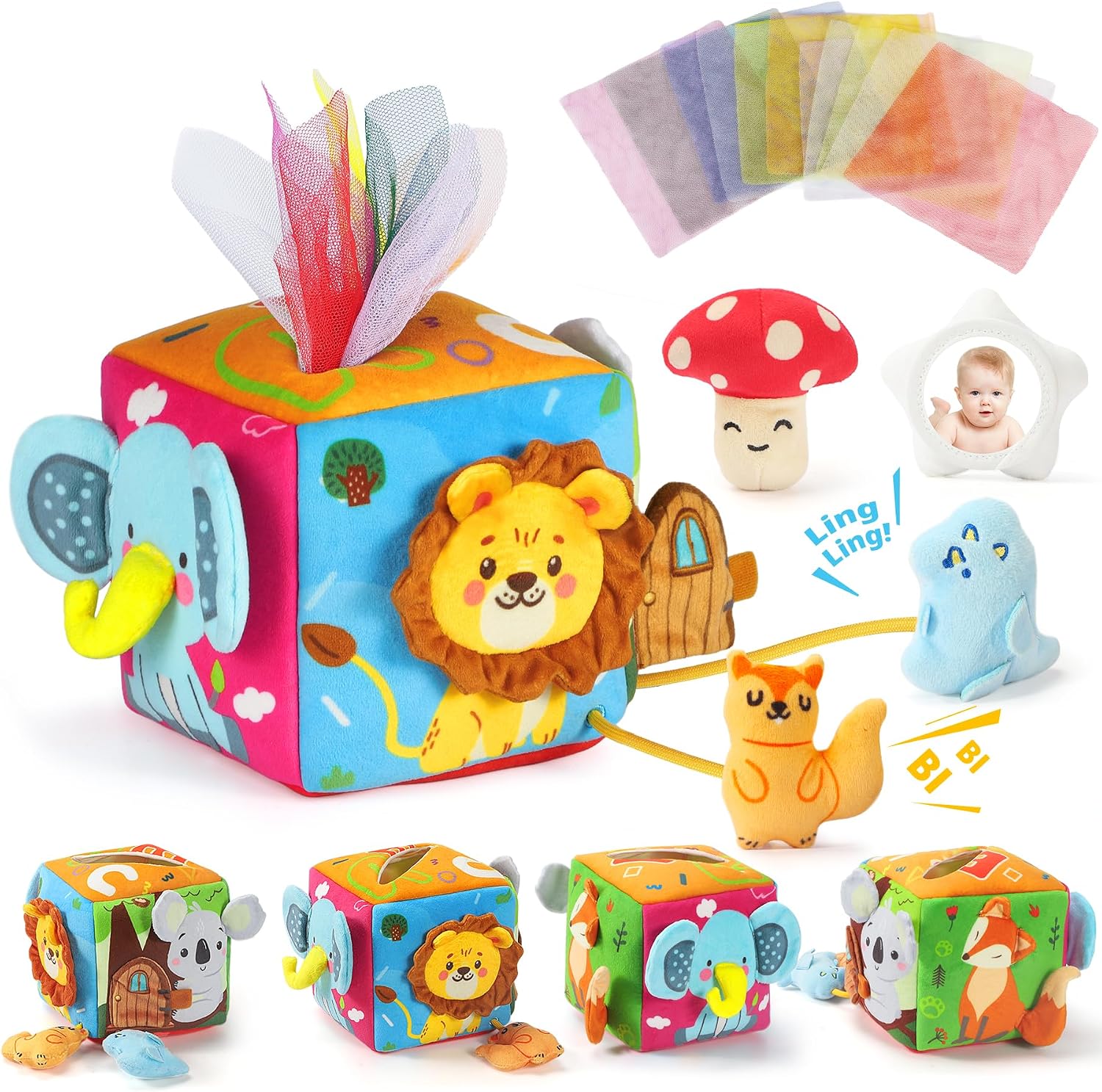 Baby Tissue Box Toy with Crinkle Paper & Scarves