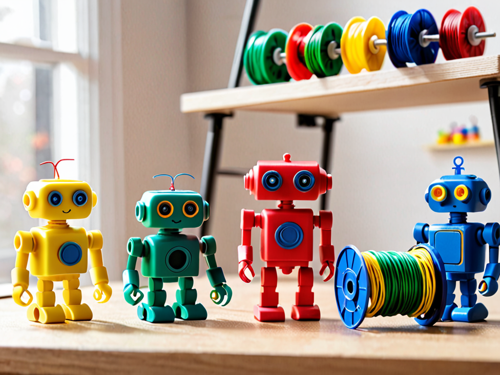 Colorful 3D printed toy figurines next to spools of red, blue, yellow and green filament