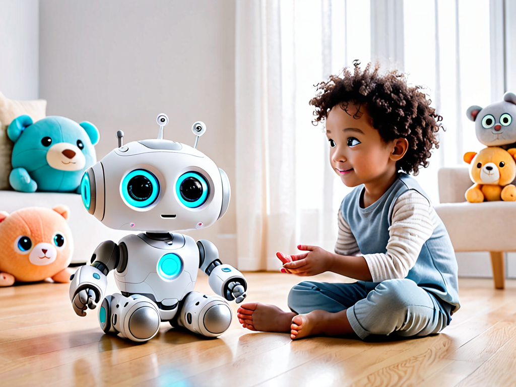 Cute friendly AI robot companion toy for kids with soft rounded body on a pastel studio background