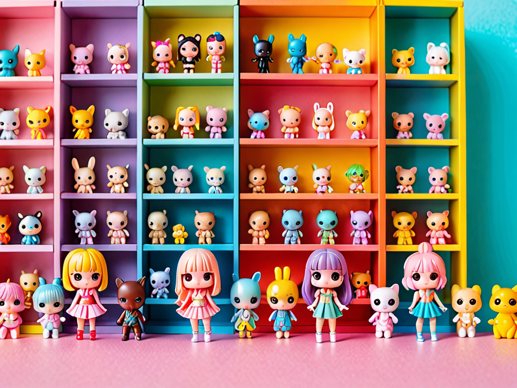 Colorful blind box collectible toy figures and mystery box packaging arranged on a display shelf