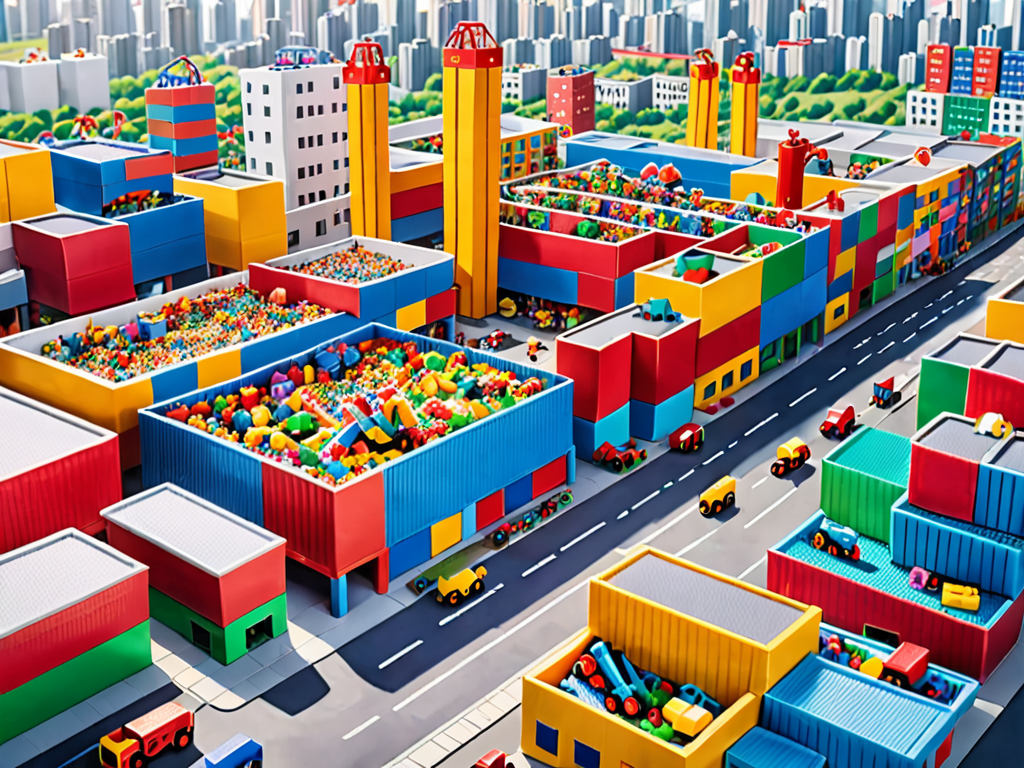 Aerial view of a Chinese toy manufacturing hub with colorful toy factory districts, container yards and assembly lines producing plastic toys, plush toys and 3D printed toys