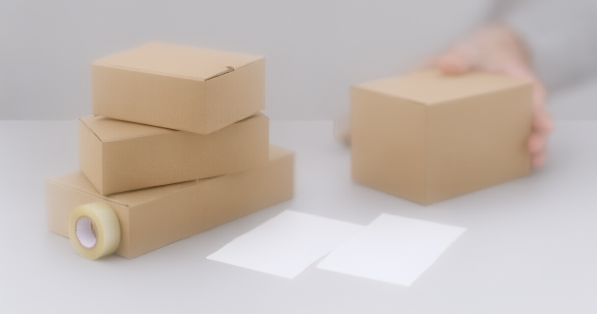 Stacked plain kraft toy packaging cartons with packing tape and blank adhesive label sheets in a bright studio