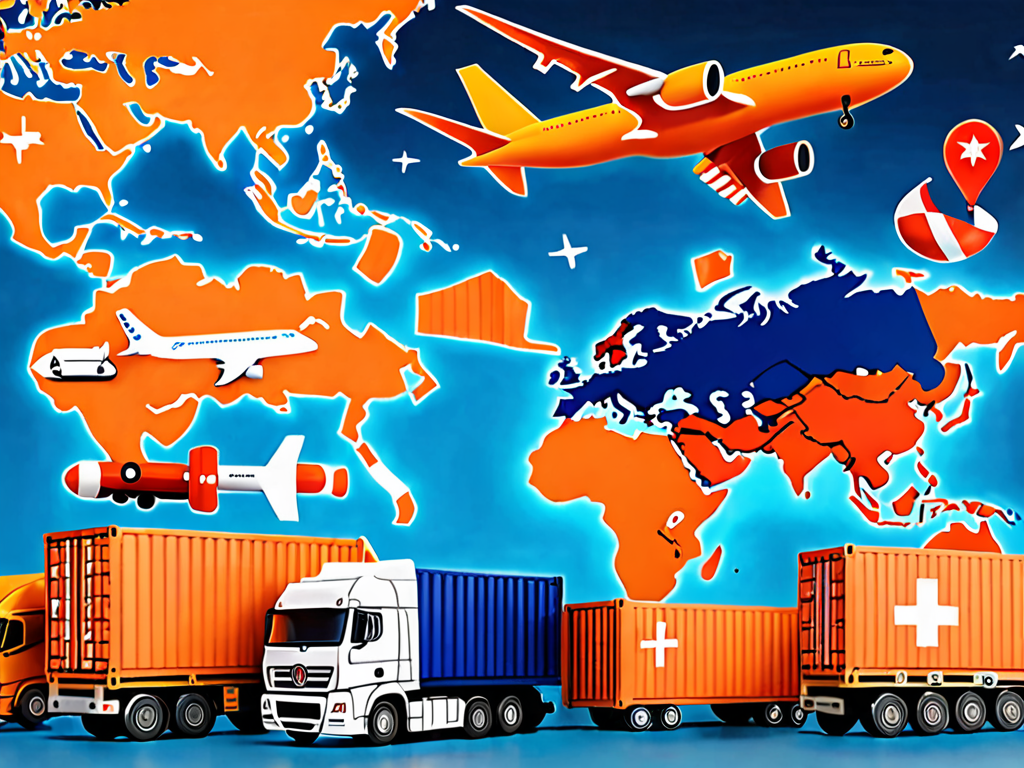 Cross-border toy ecommerce - world map with shipping routes connecting China to global markets with toy containers and aircraft