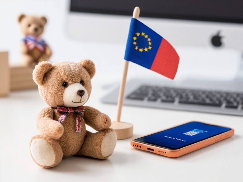 Wooden and plush toys beside a smartphone displaying a QR code and an EU flag in the background, illustrating the EU Digital Product Passport for toys