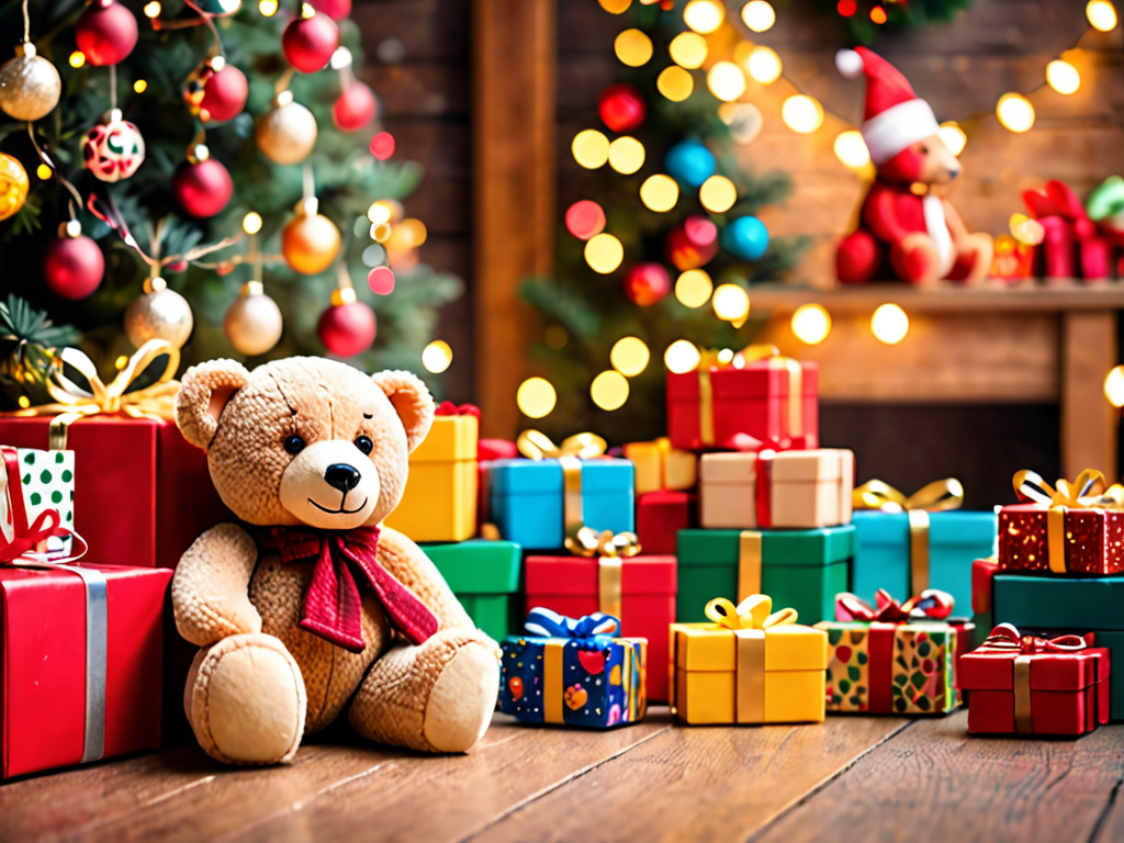 Festive holiday toy display with colorful wrapped gift boxes, teddy bear, toy train and building blocks under warm Christmas lights in a retail warehouse