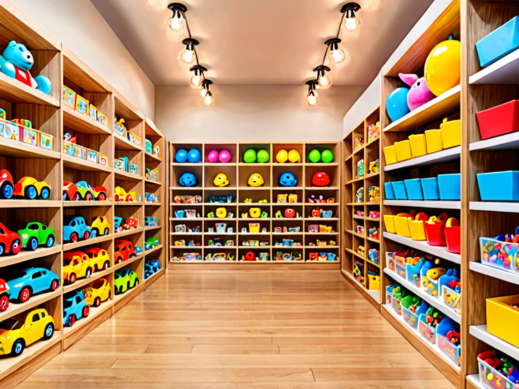Bright modern toy store interior with colorful toy displays on wooden shelves