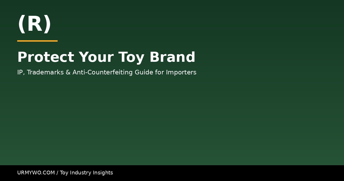 Intellectual property protection concept for toy brands with trademark certificates, design patent documents, and anti-counterfeiting symbols