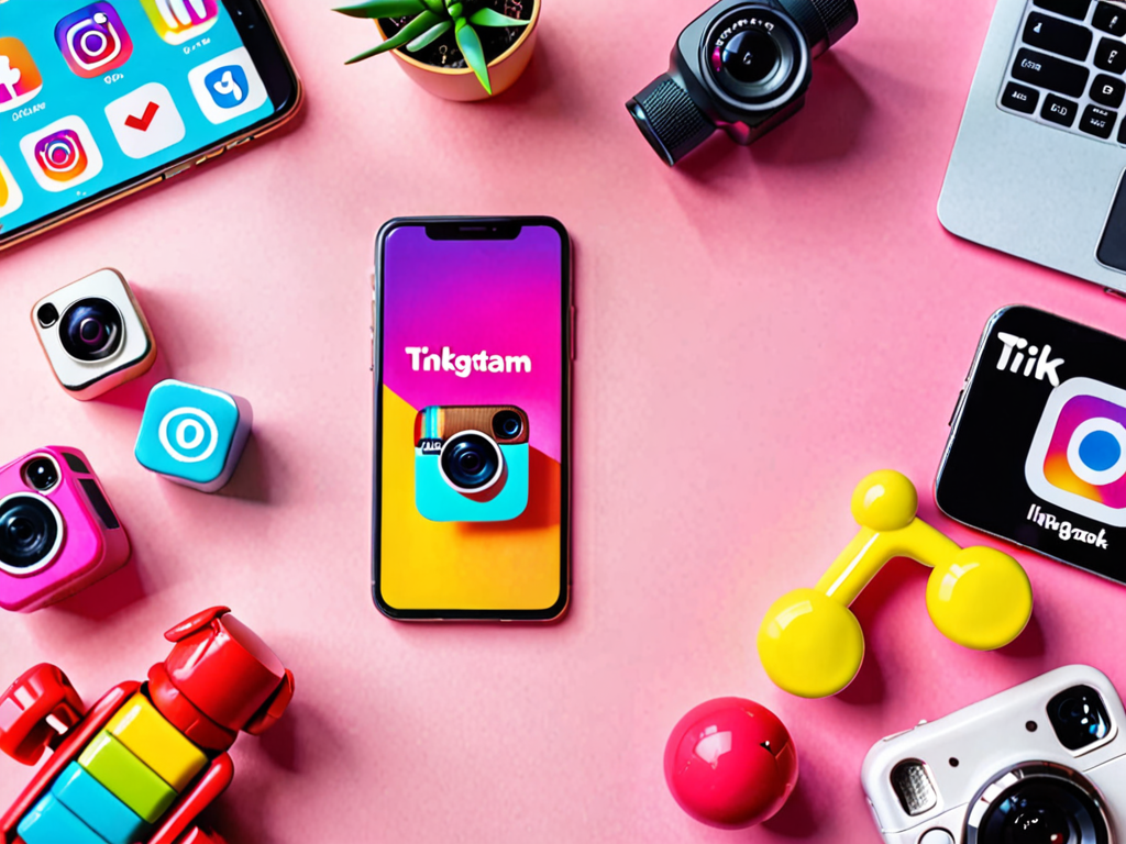 Toy brand social media marketing - smartphone showing TikTok and Instagram with colorful toy products