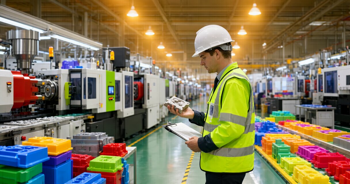 Auditor in a high-visibility vest inspecting a toy production line with injection molding machines and stacked plastic parts