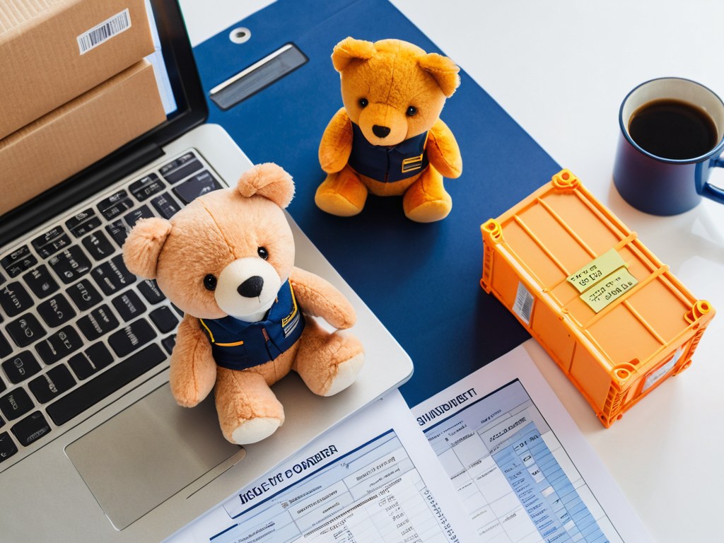 Freight forwarder's desk with toy shipment cartons, a shipping container loading in the background and a landed cost calculation sheet on screen