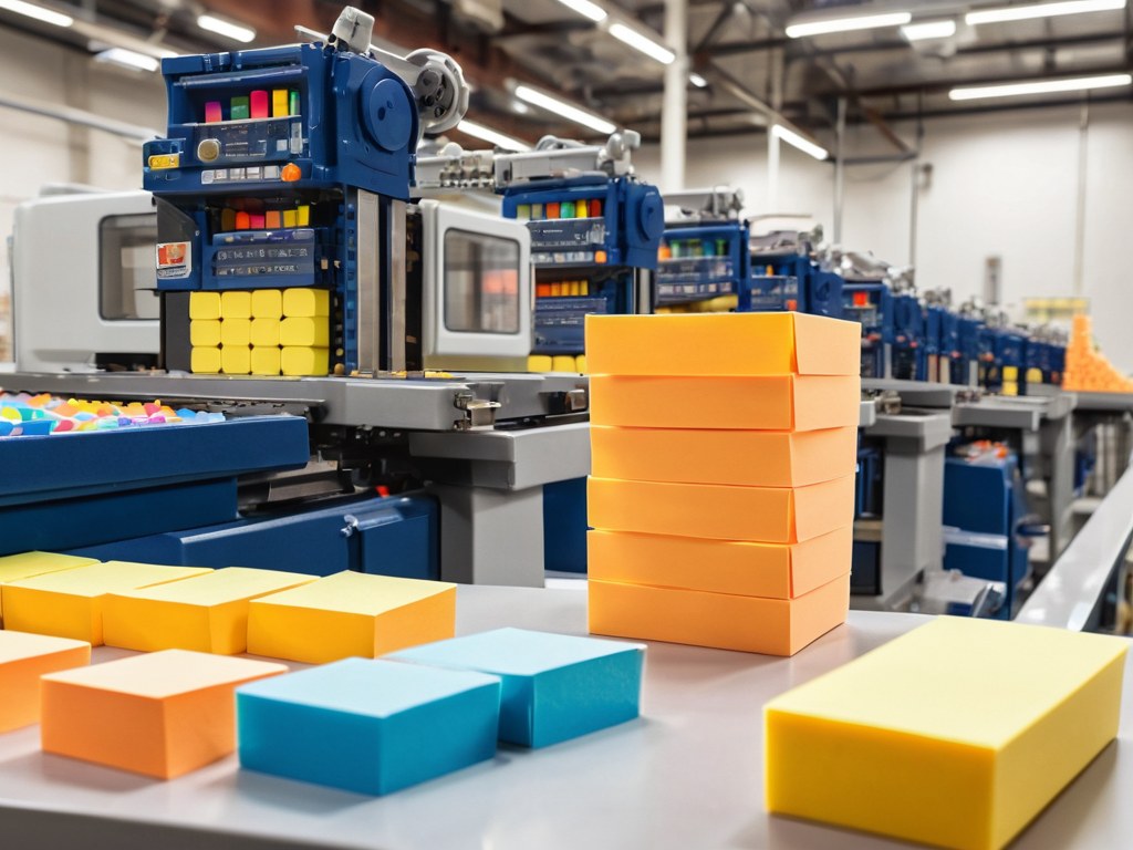 Toy factory production planning board and stacked master cartons beside an injection molding machine, illustrating minimum order quantity planning