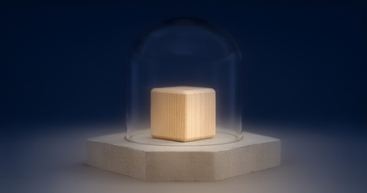 A small wooden toy block protected under a clear glass dome on a concrete plinth in soft studio light