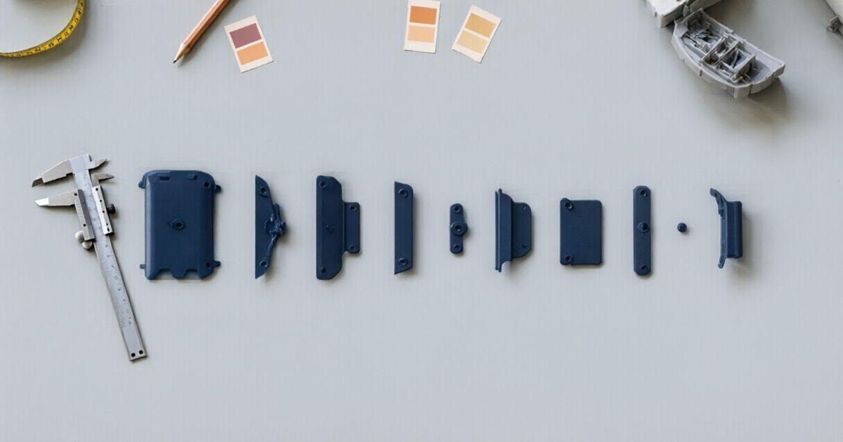 Overhead flat lay of disassembled toy components, calipers and colour swatches arranged on a workshop bench