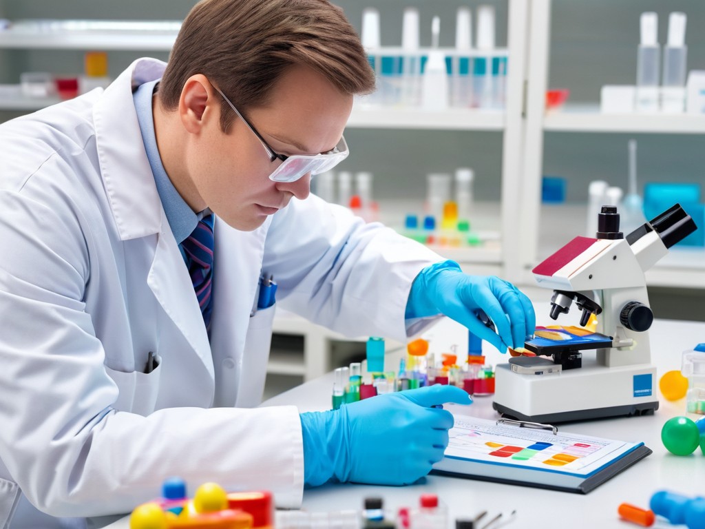 Laboratory technician in gloves testing a colourful plastic toy at a testing bench with instruments and a test report, illustrating toy safety certification costs