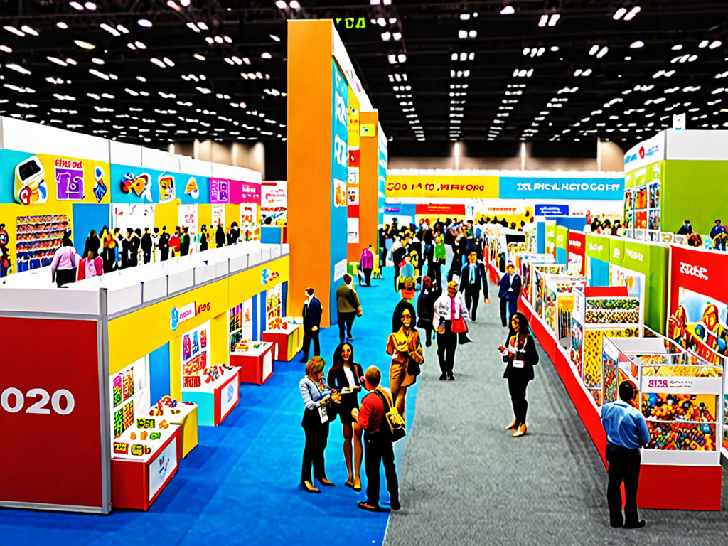 International toy trade show exhibition hall with colorful vendor booths and buyers networking